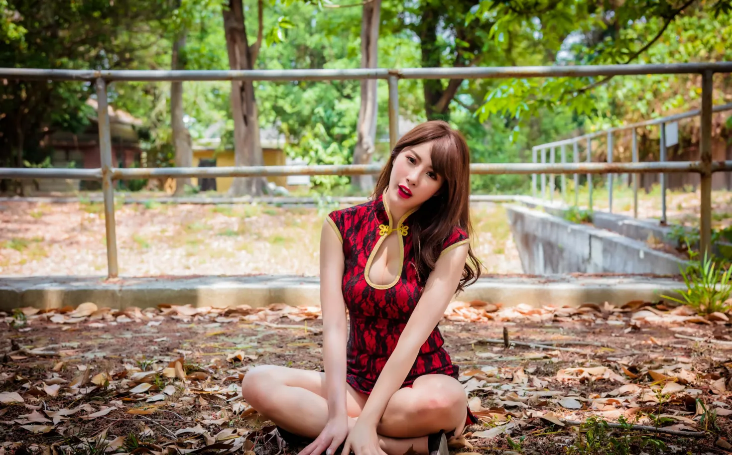 [Mzsock] NO.177 Wu Yuqi Red Flower Short Cheongsam High Heels Beautiful Legs street photography#[105P]-8